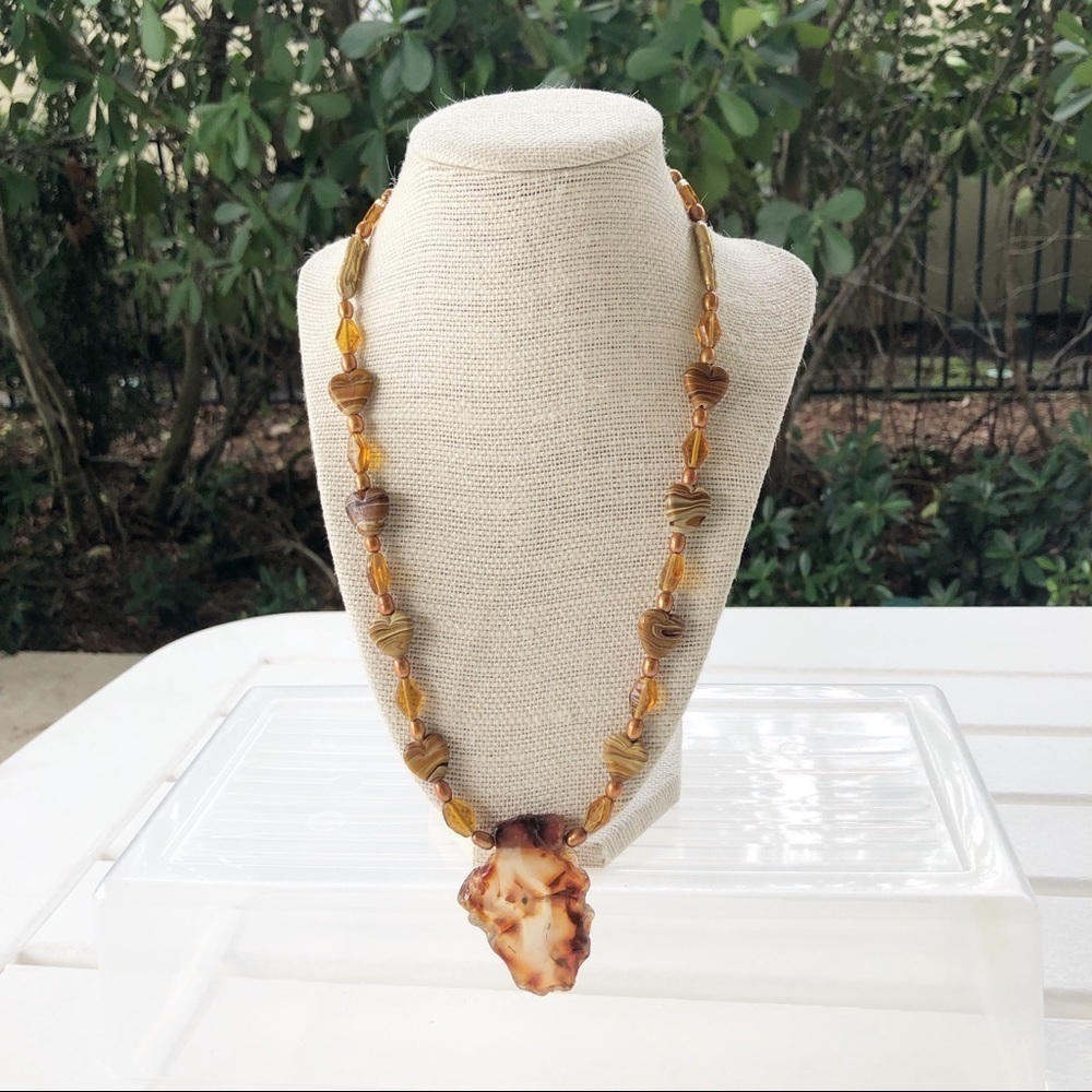 NWT Agate, Pearl & Jasper Necklace Heart Beads Brown Beaded